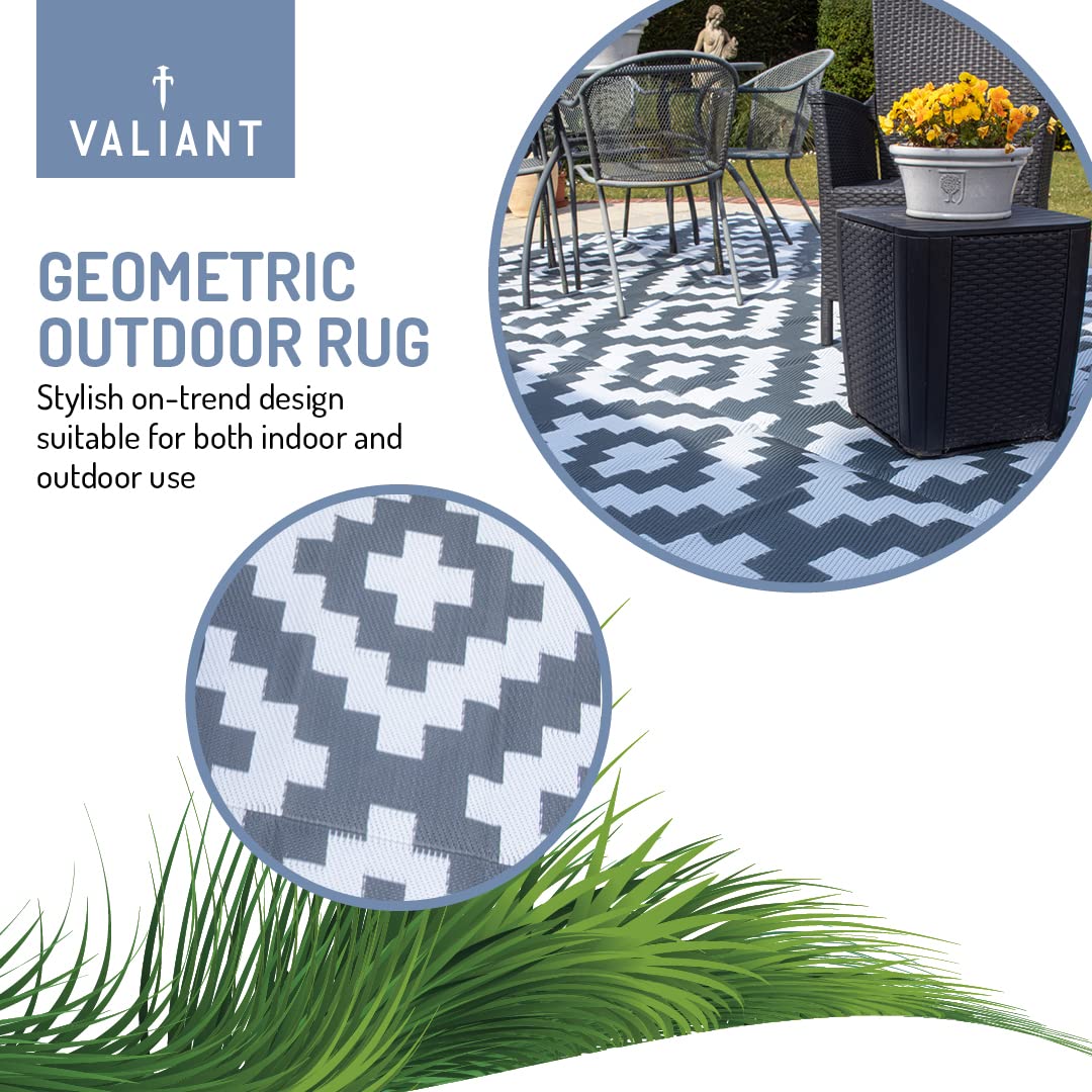 Valiant Outdoor XL Waterproof Rug – Grey Geometric Patio Mat – 3.6m x 2.7m