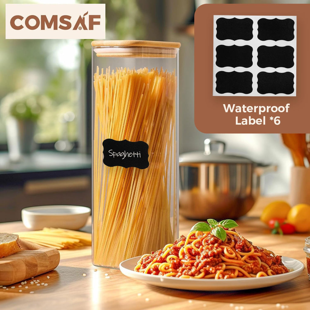 ComSaf 2100ml Rectangle Glass Food Storage Jars with Airtight Bamboo Lids