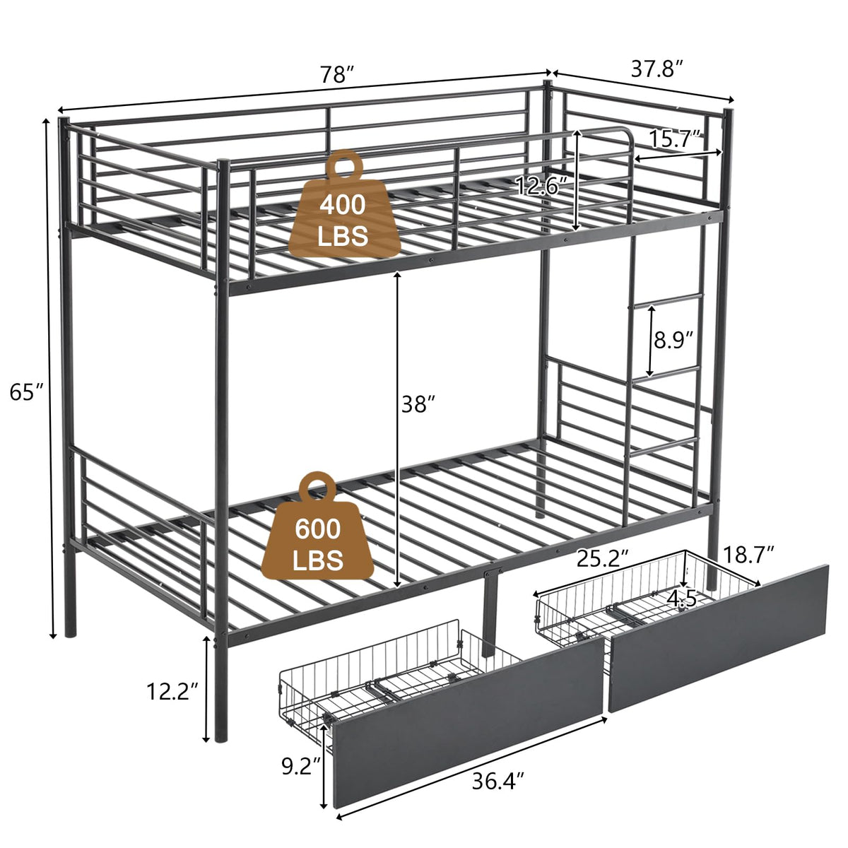 Karl home Heavy Duty Metal Bunk Bed Frame with 2 Large Drawers, Black