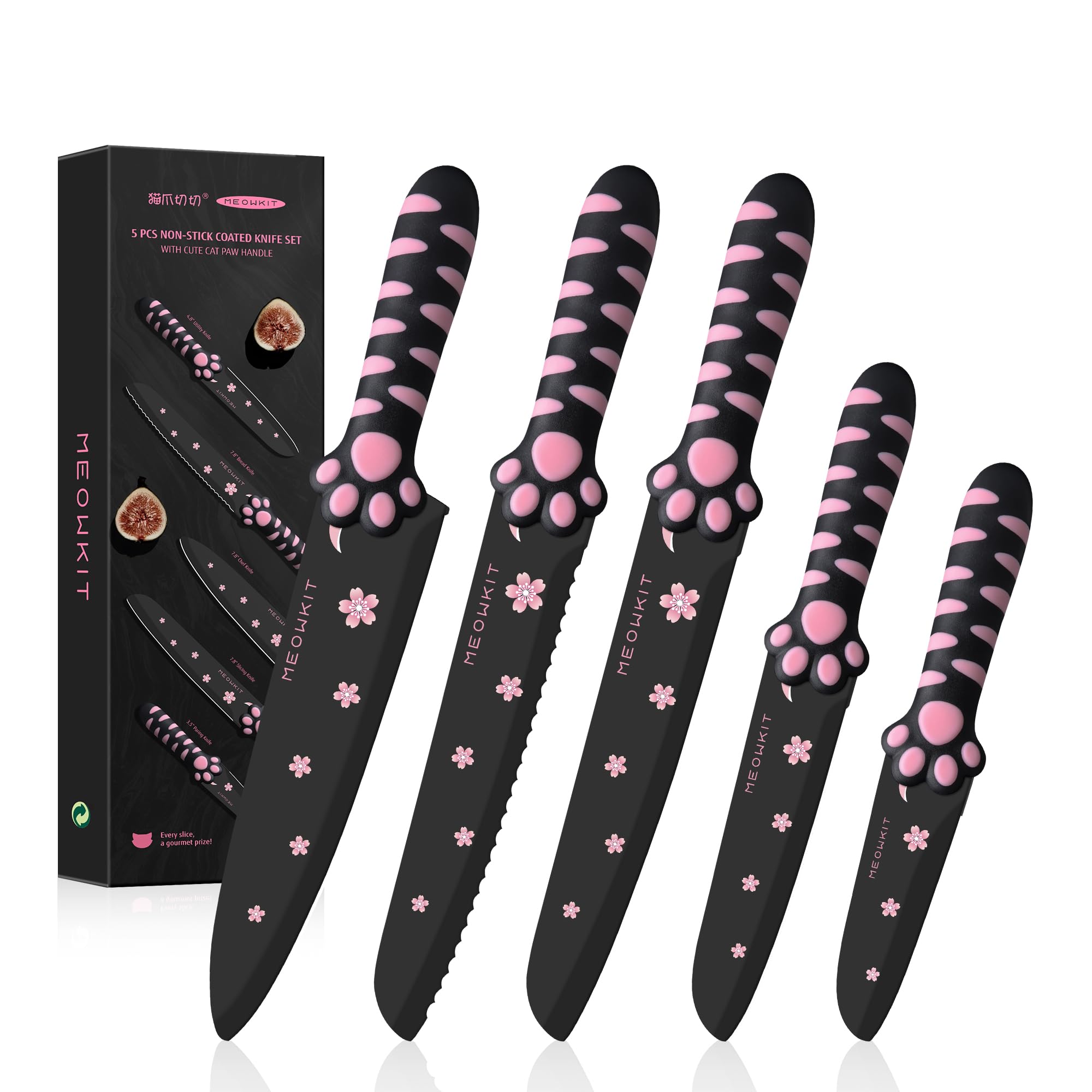 MEOWKIT 5-Piece Kitchen Knife Set – Non-Stick Cat Paw Handle (Black/Pink)