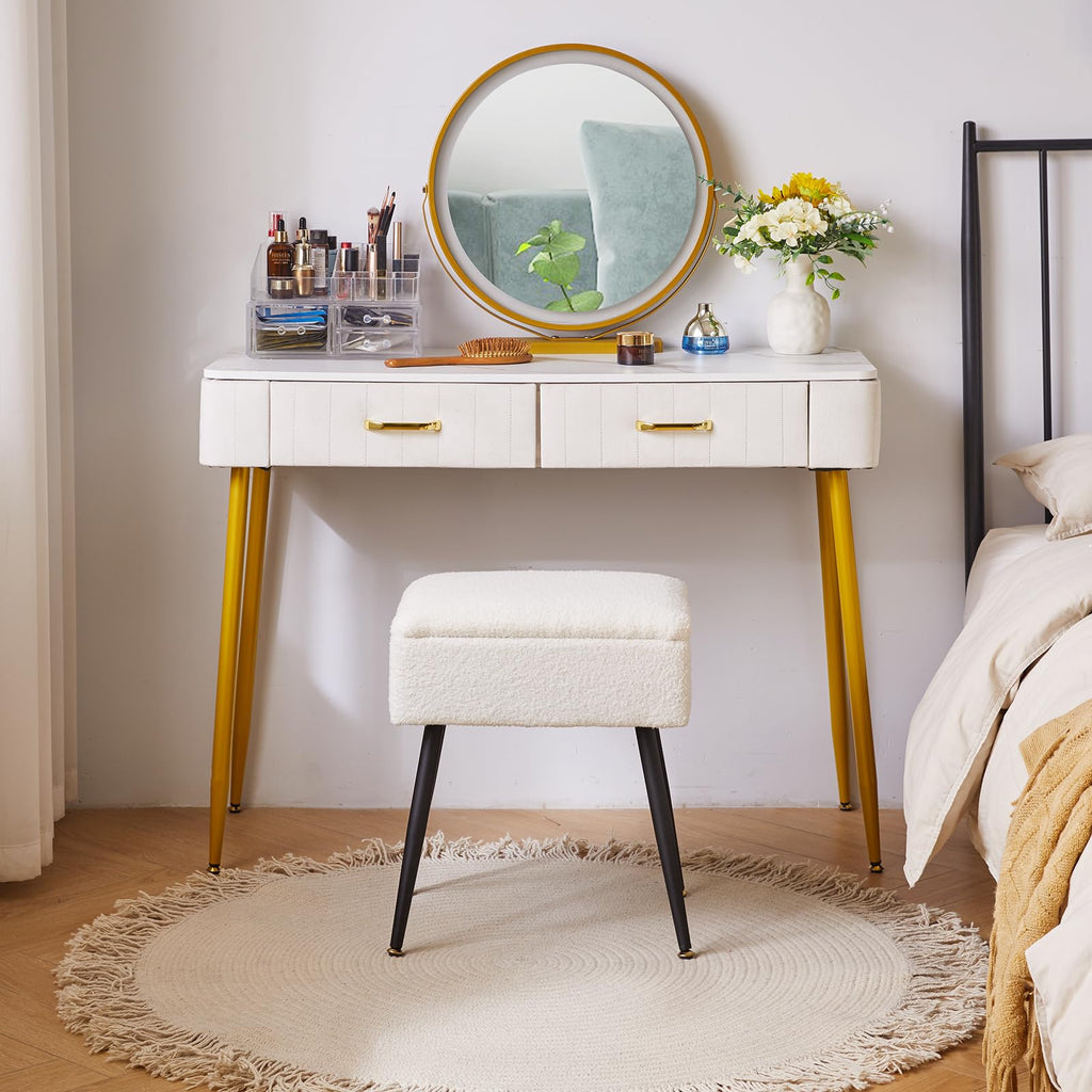 Aibiju Rectangular Vanity Stool with Storage | Faux Teddy Fur Makeup Seat