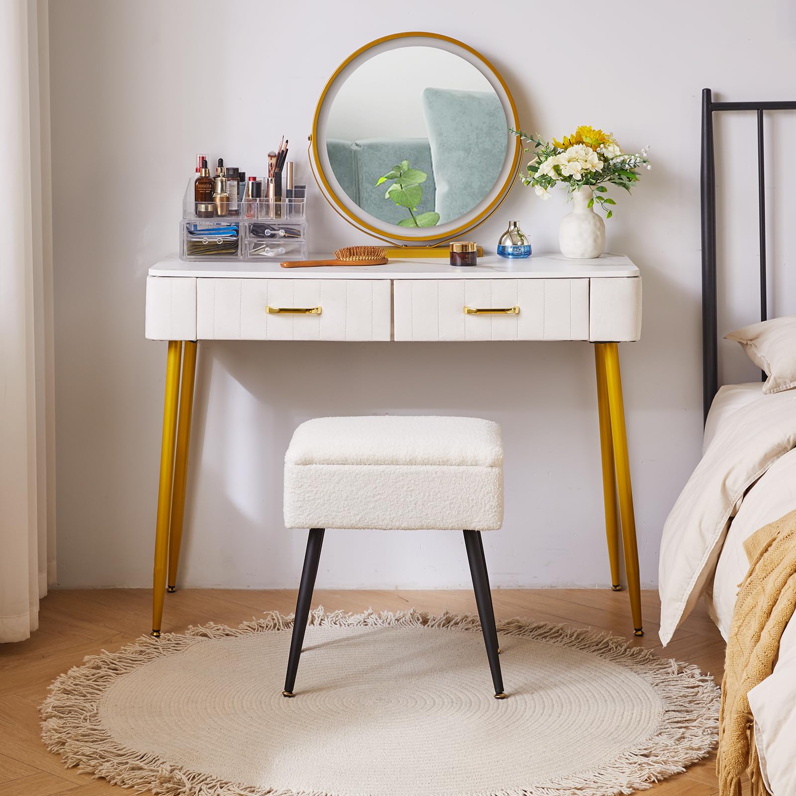 Aibiju Rectangular Vanity Stool with Storage | Faux Teddy Fur Makeup Seat