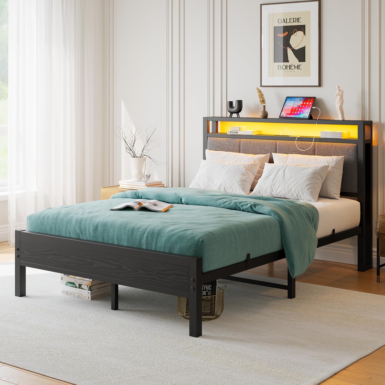 FOUBAM 4FT6 Double Bed Frame with LED Lights and Charging Station