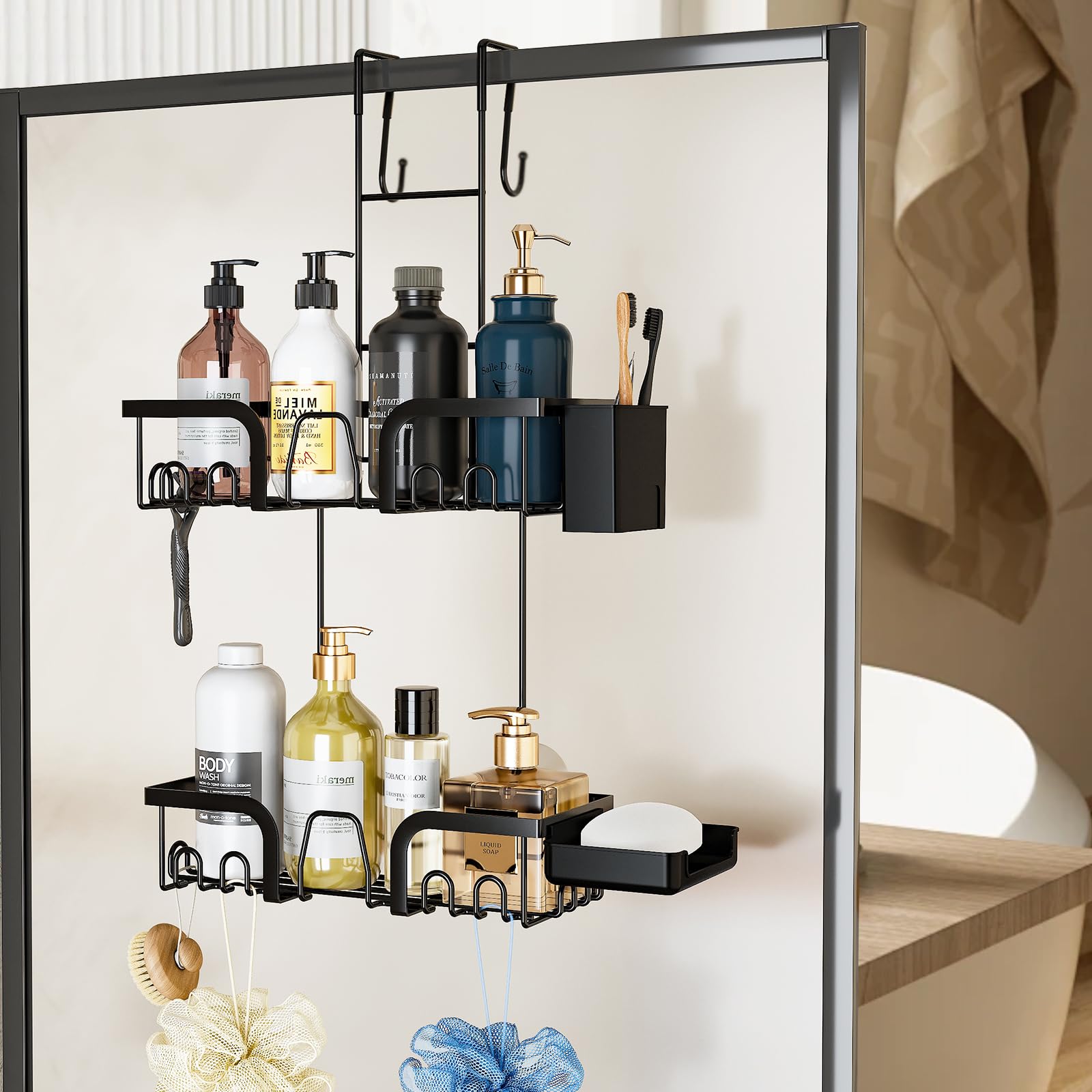ANTREATU Over Door Shower Caddy – 2 Tier Rustproof Hanging Shelf, Black