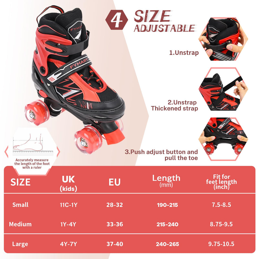 MGY Kids Adjustable Roller Skates with 8 Light Up Wheels – Red