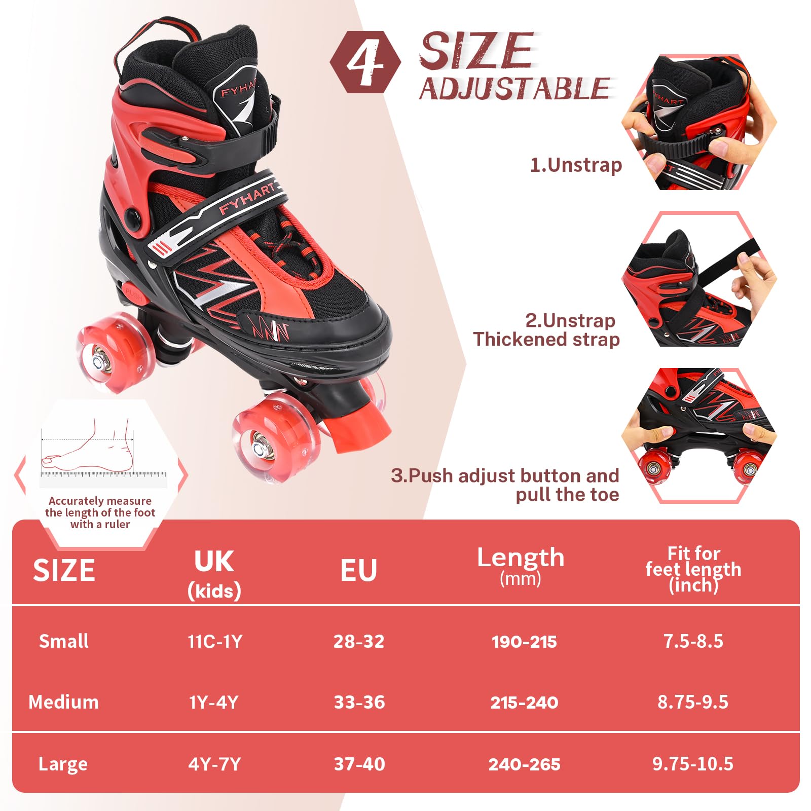 MGY Kids Adjustable Roller Skates with 8 Light Up Wheels – Red