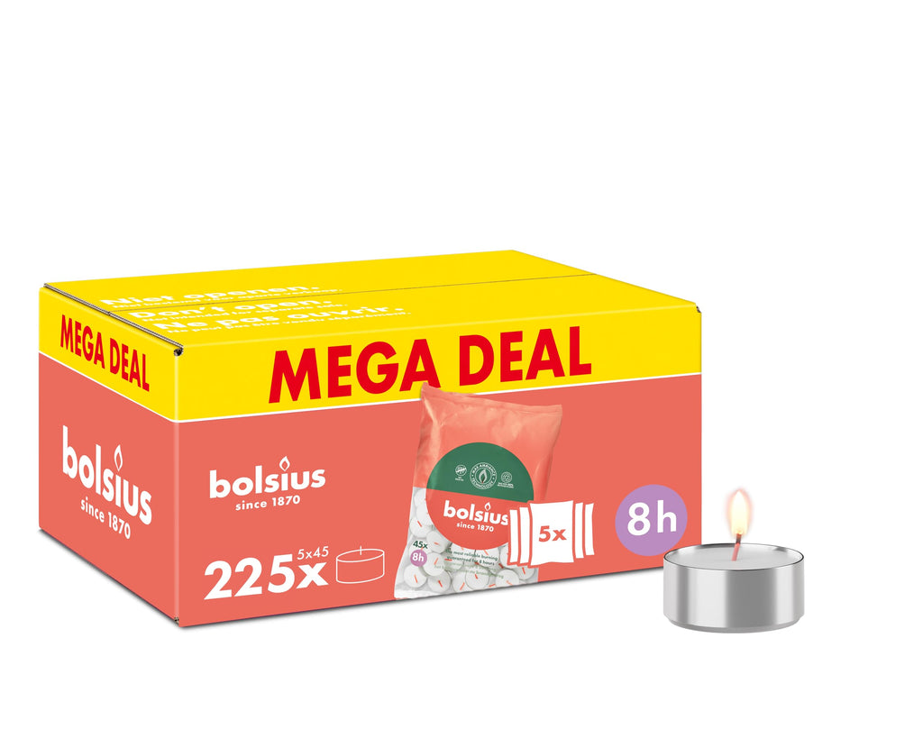 Bolsius White Tea Lights – 225 Pack – 8 Hour Burn Time – Natural Plant Wax