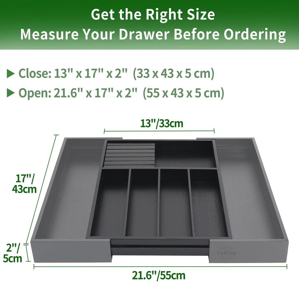 VaeFae Expandable Bamboo Silverware Drawer Organizer | Black Cutlery Tray
