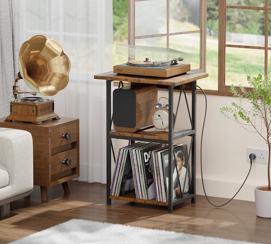 HFHOME 2025 Upgraded Extended Tabletop Record Player Stand with Charging Station, 3 Tier End Table with Vinyl Record Storage - image 4