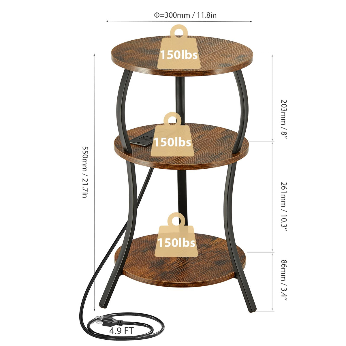 YEAKOO Small Side Table with Charging Station,3-Tier Round end Table - image 3