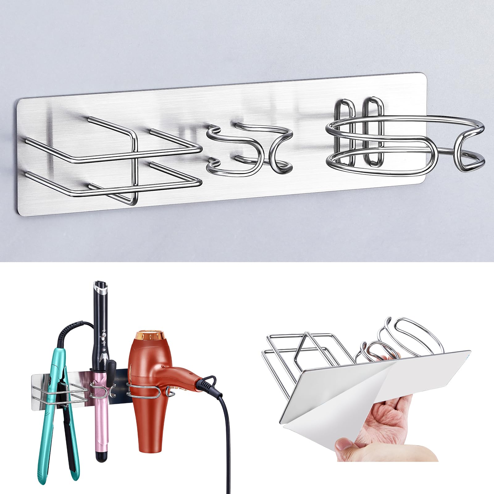 YYBO 3-in-1 Hair Dryer and Straightener Holder – Adhesive Wall Mount Silver