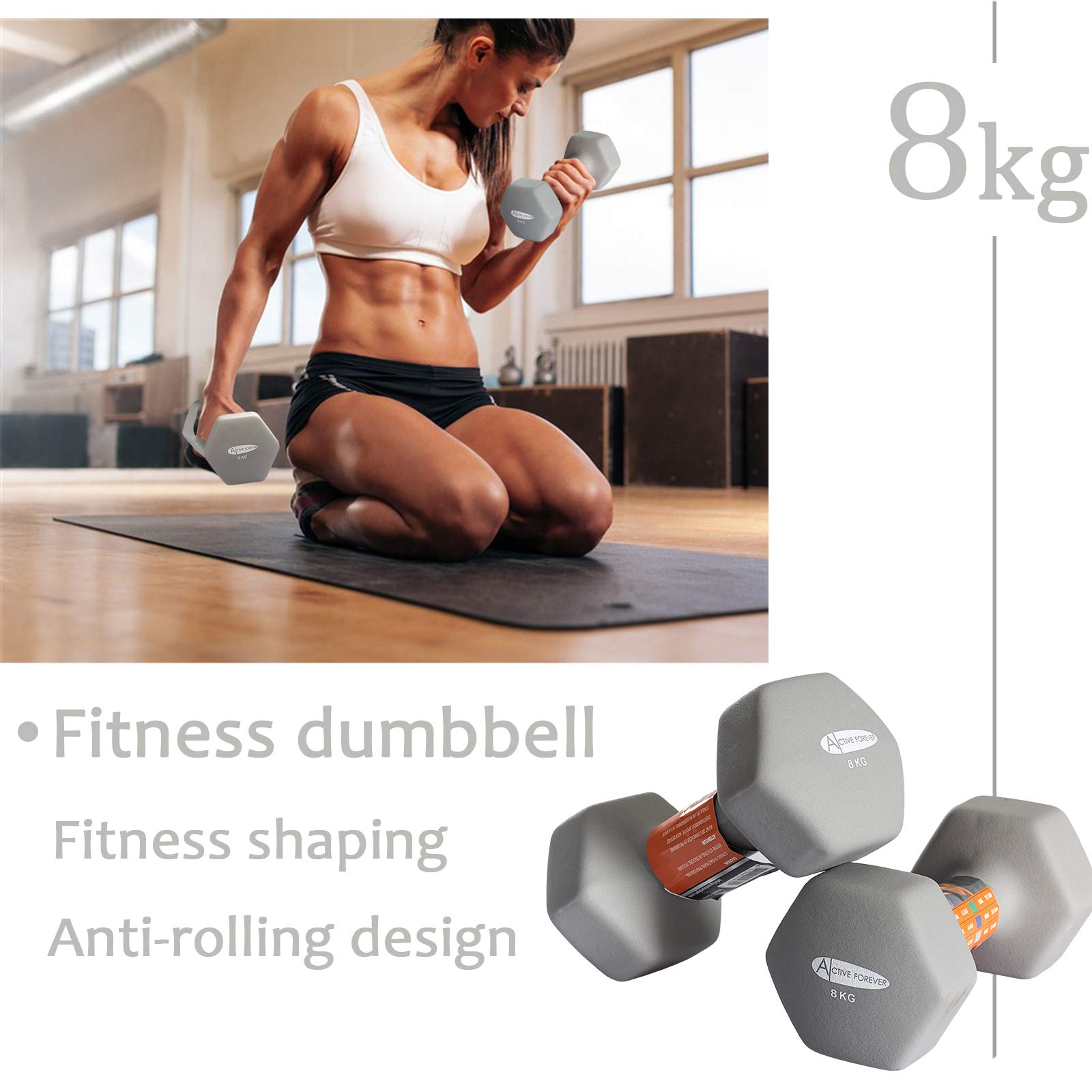 ACTIVE FOREVER Neoprene Hex Dumbbells Set of 2 | 8kg Grey Weights