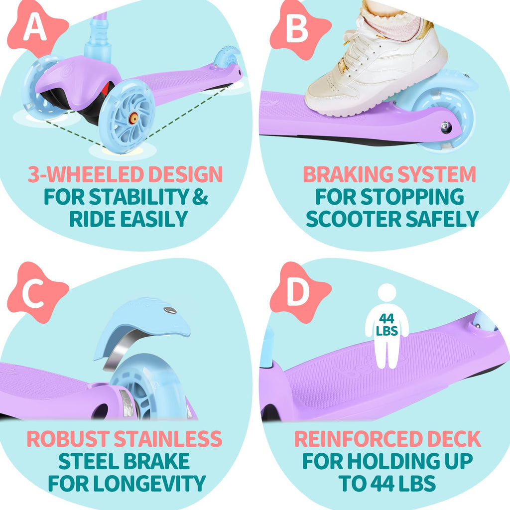 BELEEV 3 Wheel Scooter for Kids Ages 2-6 | Light-Up Wheels & Adjustable Height