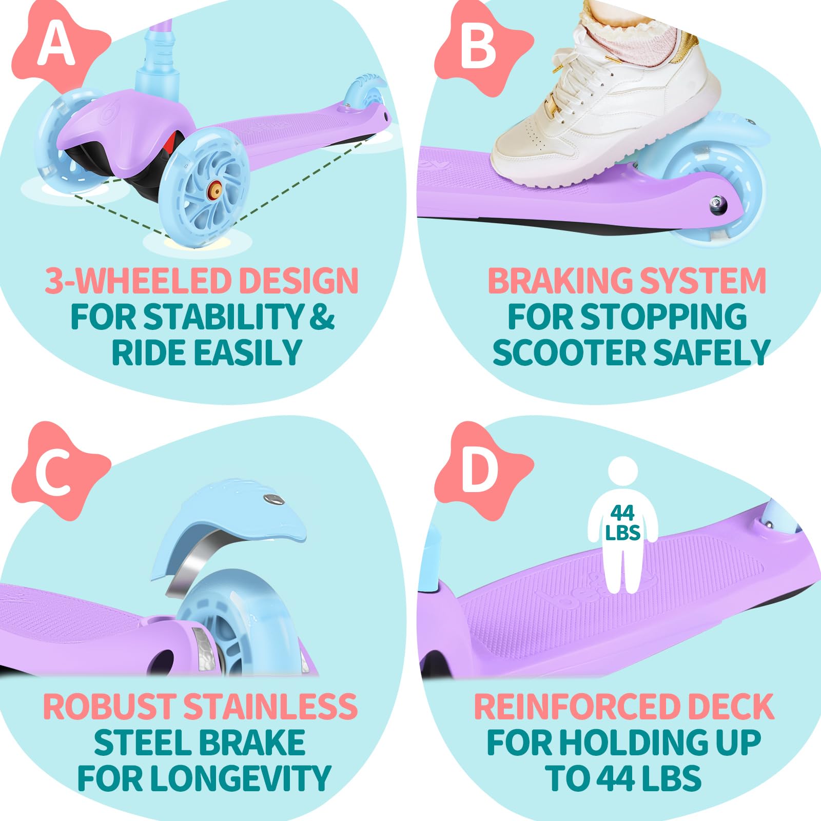 BELEEV 3 Wheel Scooter for Kids Ages 2-6 | Light-Up Wheels & Adjustable Height