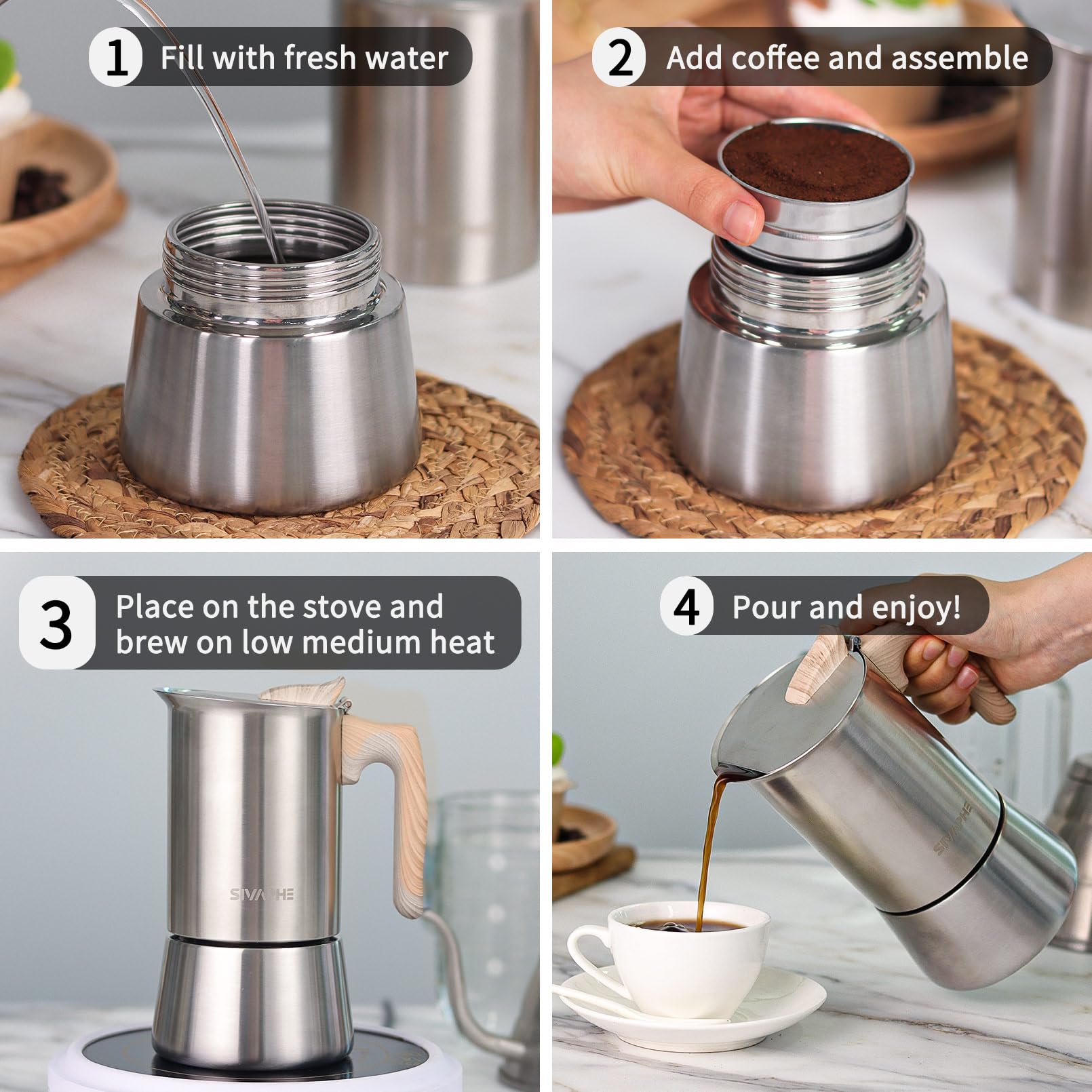 Sivaphe Stovetop Espresso Maker | 450ml Stainless Steel Moka Pot