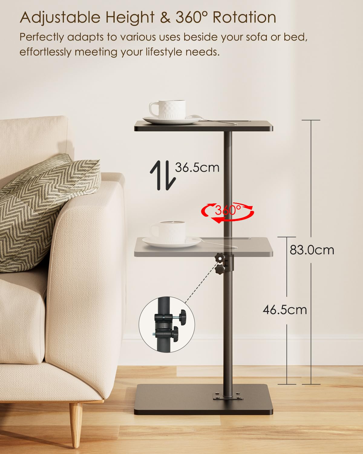HEYZOEY C-Shaped Side Table Adjustable, 360° Swivel Sofa End Table, 40x30x45-83cm, Small Coffee Table, Bedside Table for Living Room, Bedroom Black