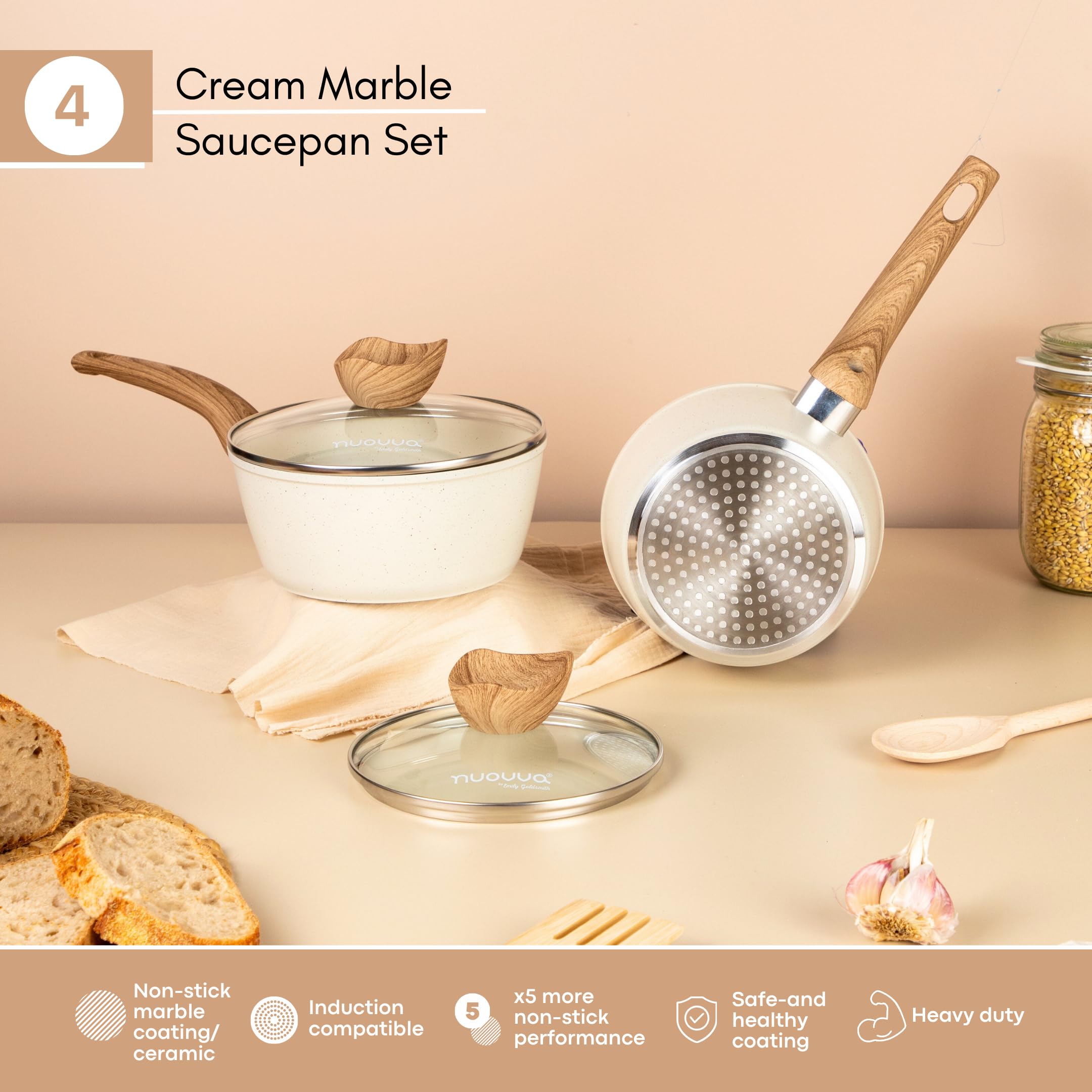 Nuovva 2-Piece Non-Stick Induction Saucepan Set – Cream Granite Finish