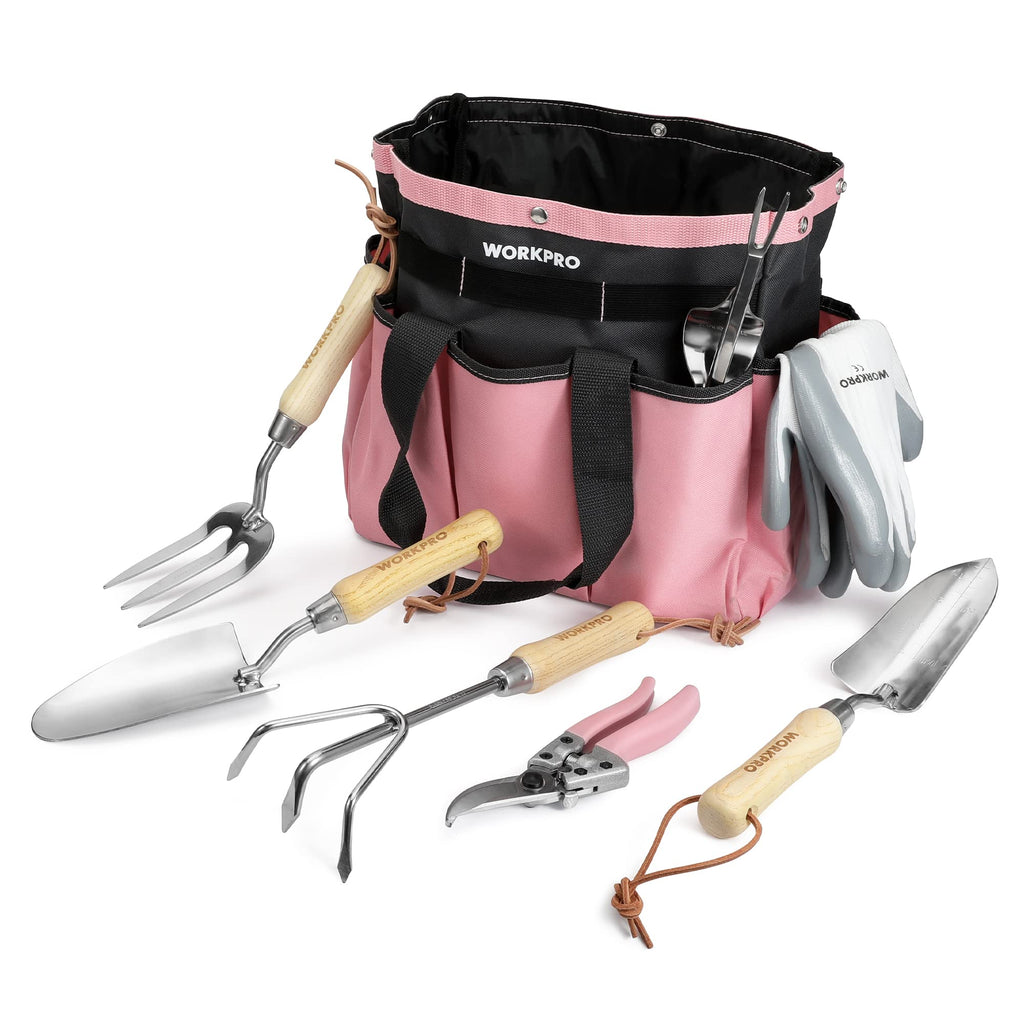 WORKPRO 8-Piece Pink Garden Tool Set | Stainless Steel & Wood Handles