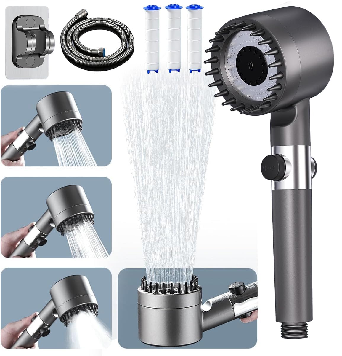 Filter Shower Head with 1.5M Hose | High Pressure 4-Mode Grey