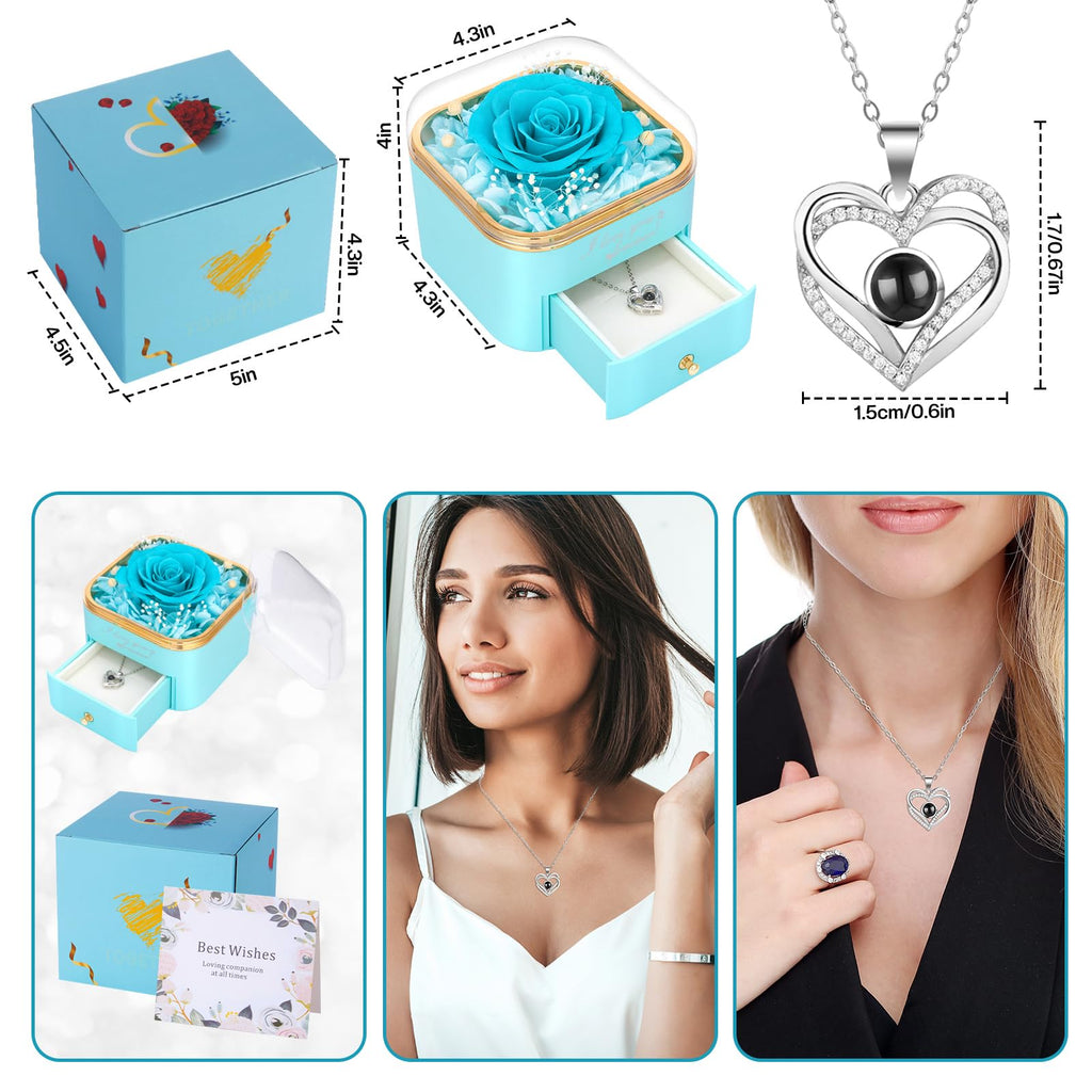 Firestyle Preserved Light Blue Real Rose with 100 Languages Necklace