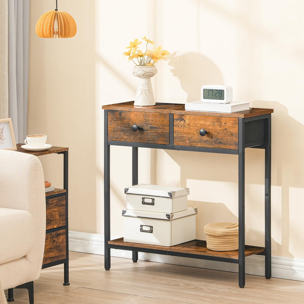 HOOBRO Slim Console Table – Narrow Industrial Hallway Table with 2 Drawers