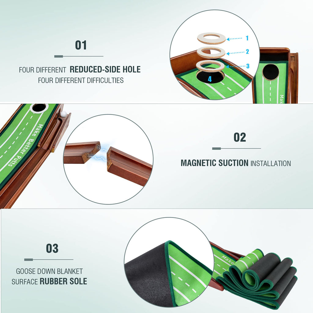 ToVii Golf Putting Mat – Pine Wood Practice Green with Auto Ball Return