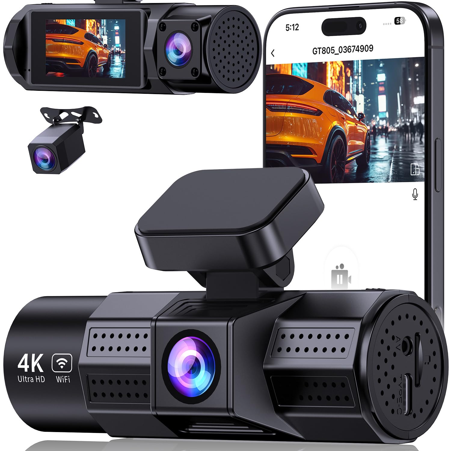 Jolof Store 4K Triple Dash Cam – Front Rear Inside WiFi Car Camera