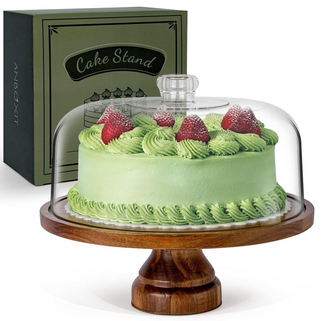 ANBOXIT Acacia Wood Cake Stand with Acrylic Dome Lid – Footed Display