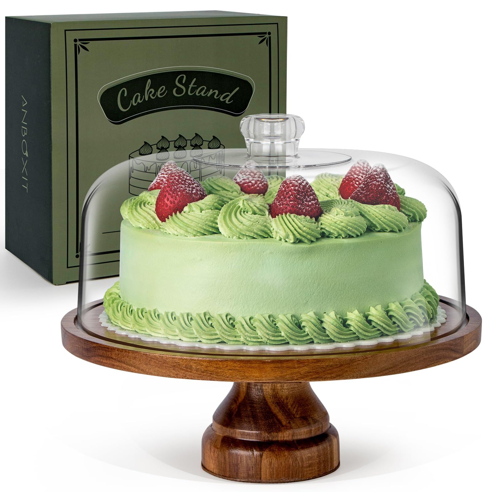 ANBOXIT Acacia Wood Cake Stand with Acrylic Dome Lid – Footed Display