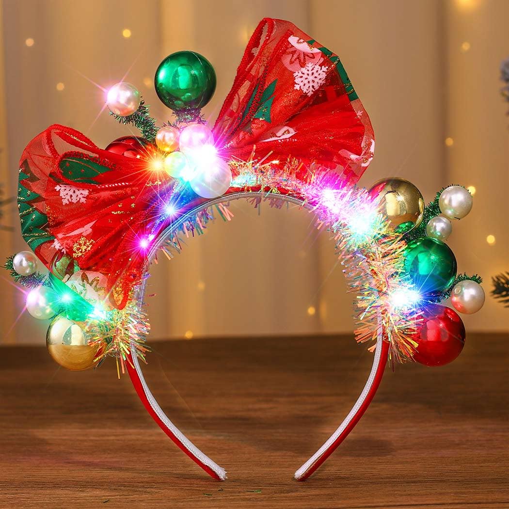LED Christmas Headband – Light Up Bow & Ball Hair Accessory