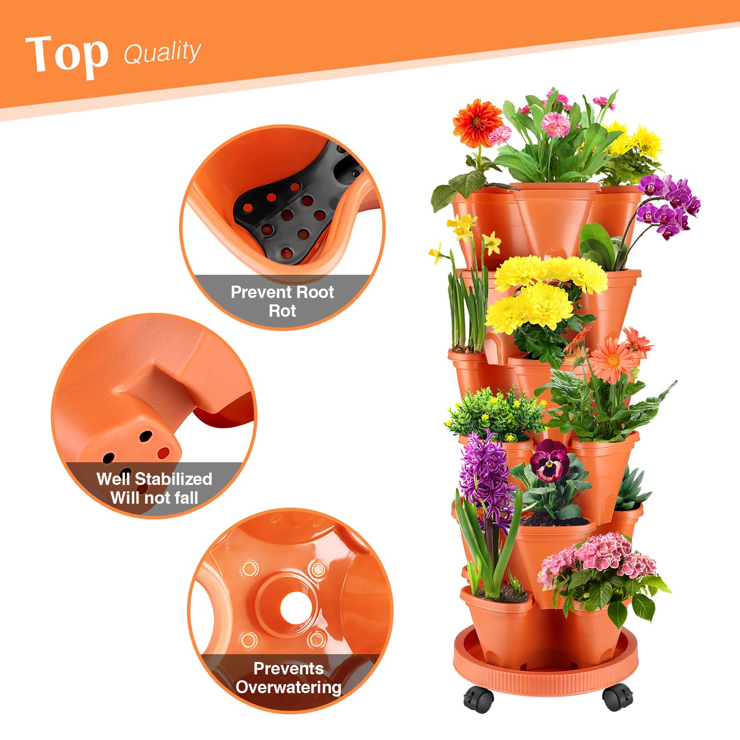 WADEO 6-Tier Stackable Strawberry Planter Tower with Wheels – Orange