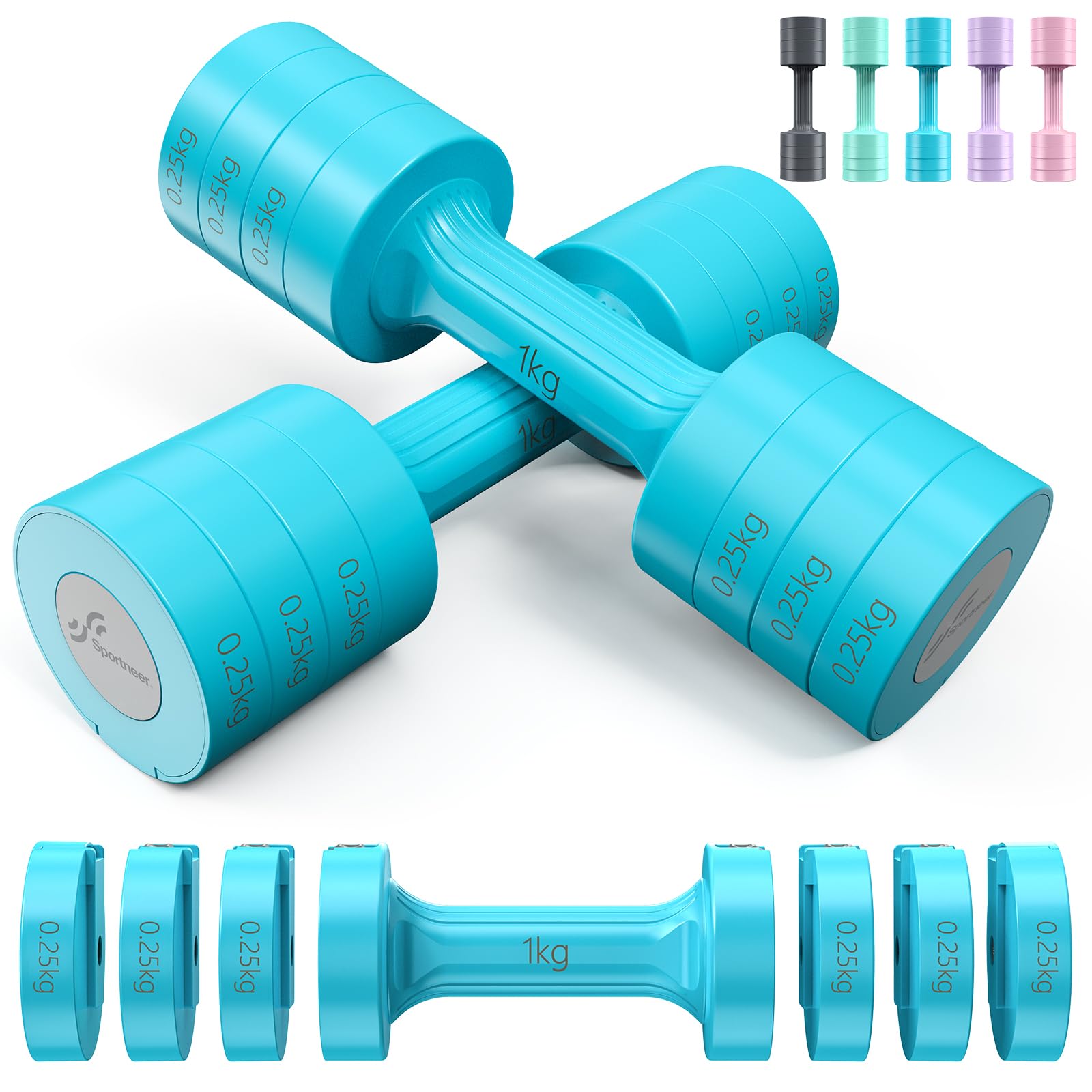 Sportneer Adjustable Dumbbells Set | 2kg-5kg Pair for Women | Sky Blue