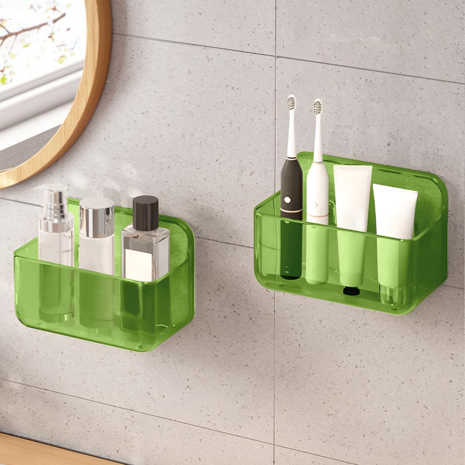 CGBE 2-Pack Adhesive Bathroom Shelves | No-Drill Acrylic Shower Rack, Green