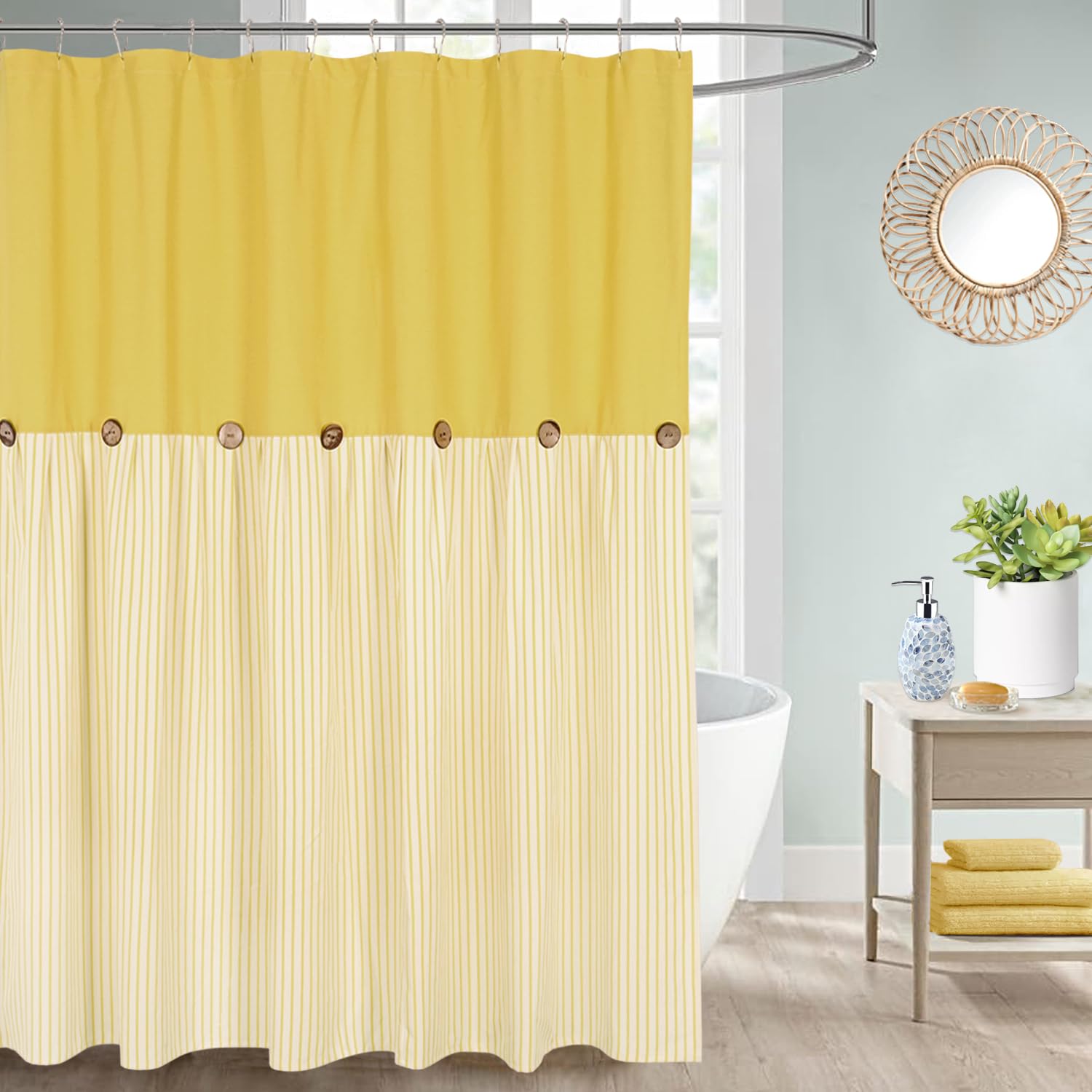 Jolof Store Farmhouse Shower Curtain | Yellow Striped Linen Cotton Blend