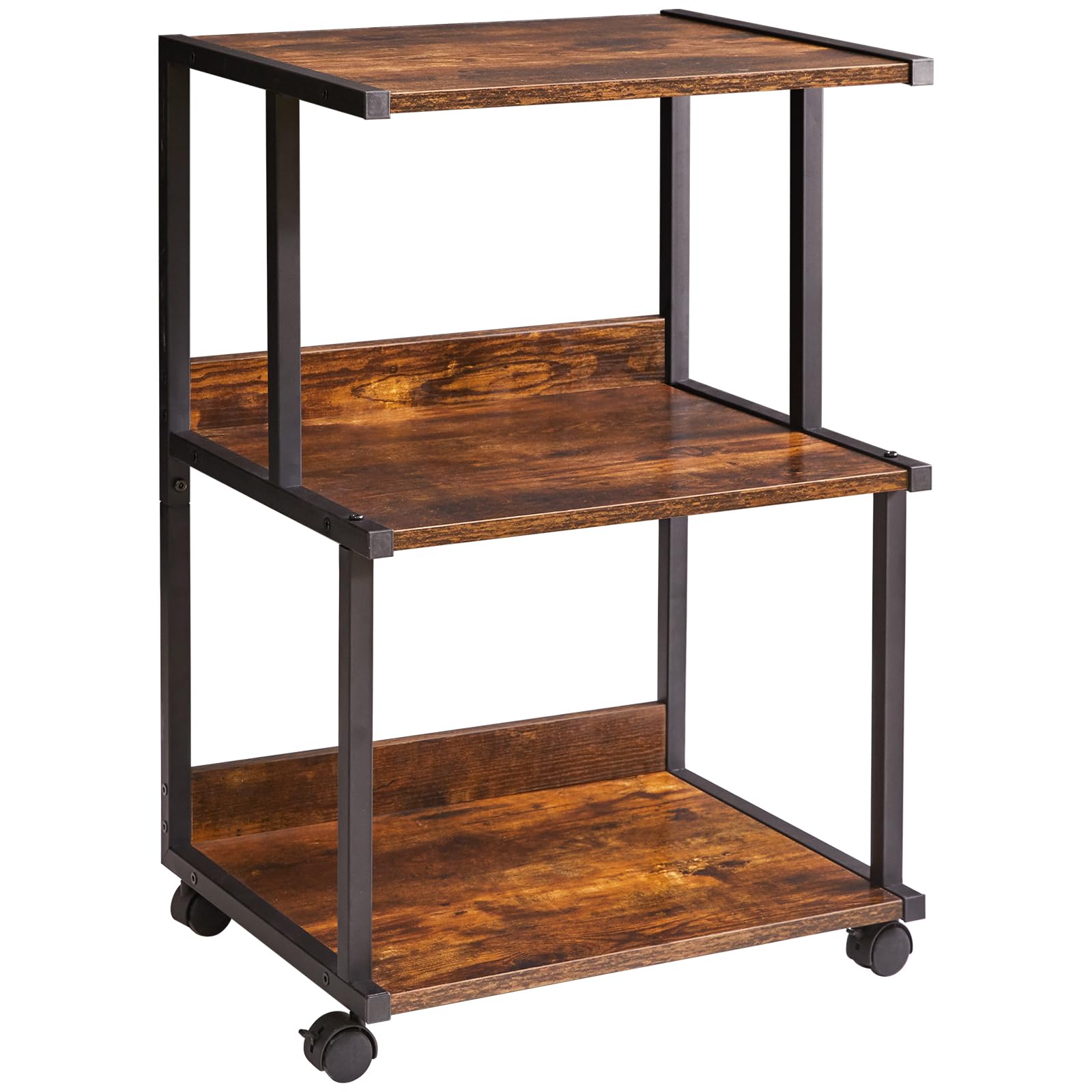IBUYKE 3-Tier Printer Stand with Wheels | Rustic Wood Rolling Office Cart