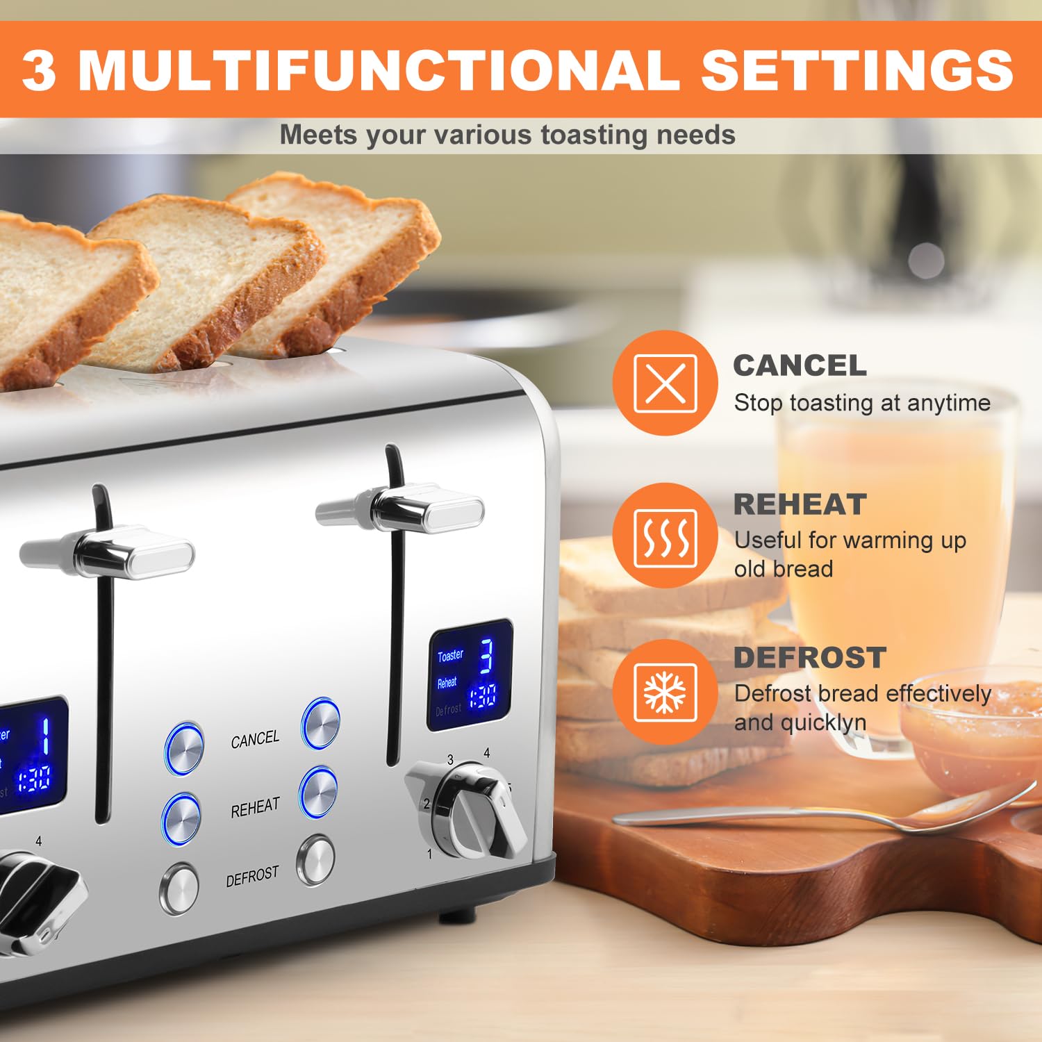 Cusimax 4-Slice Stainless Steel Toaster with LED Display & Wide Slots
