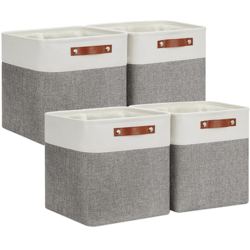 VIIHTYISA Fabric Storage Box, 4-Piece Set 25x25x25cm Cube Storage Boxes with Faux Leather Handle for Cube Shelves, Closet, Wardrobes | Grey & White - image 1