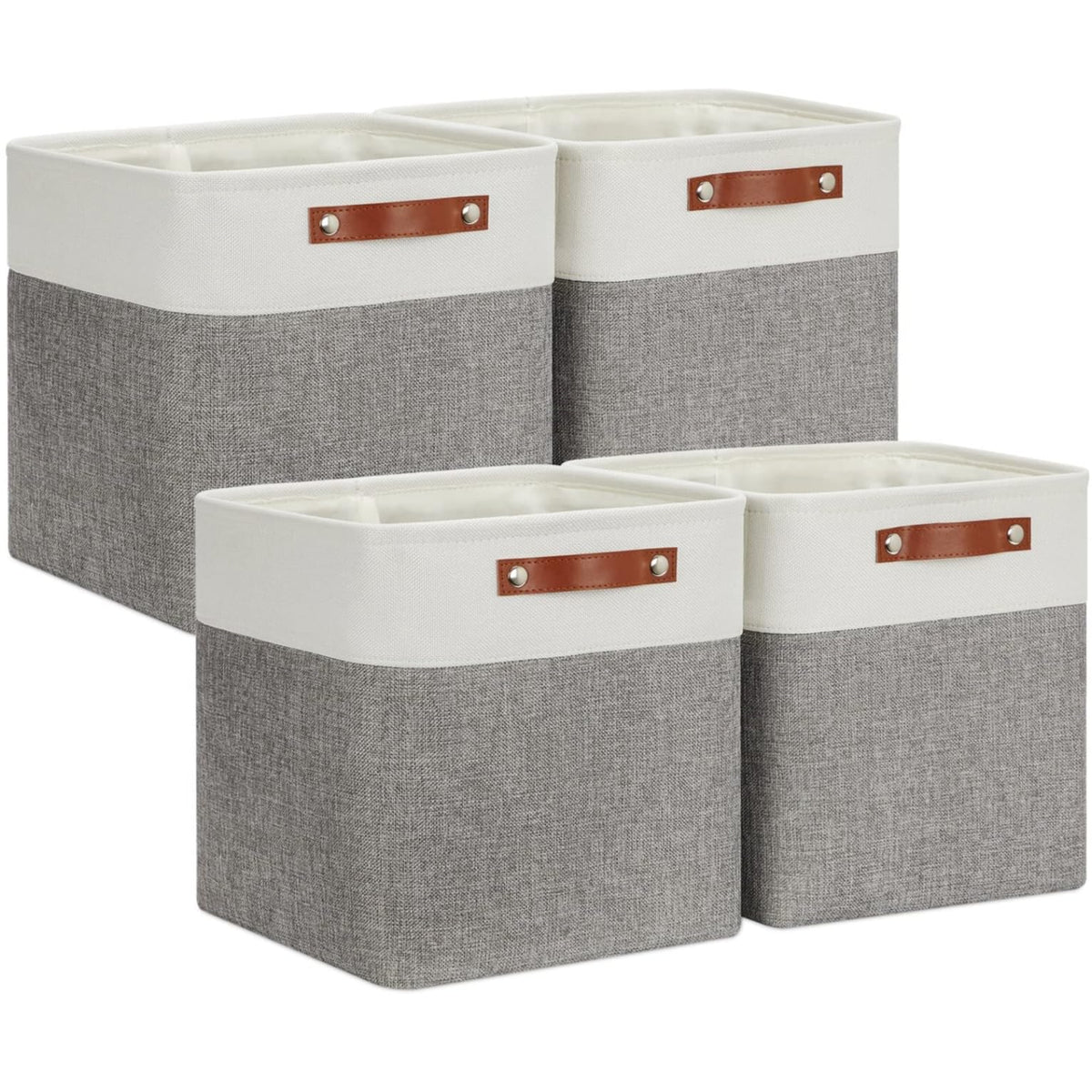 VIIHTYISA Fabric Storage Box, 4-Piece Set 25x25x25cm Cube Storage Boxes with Faux Leather Handle for Cube Shelves, Closet, Wardrobes | Grey & White - image 1