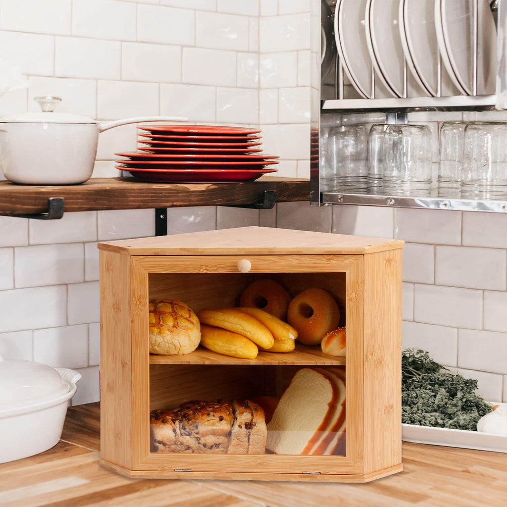 Leader Accessories Corner Bread Bin – 2-Layer Bamboo Bread Box for Kitchen