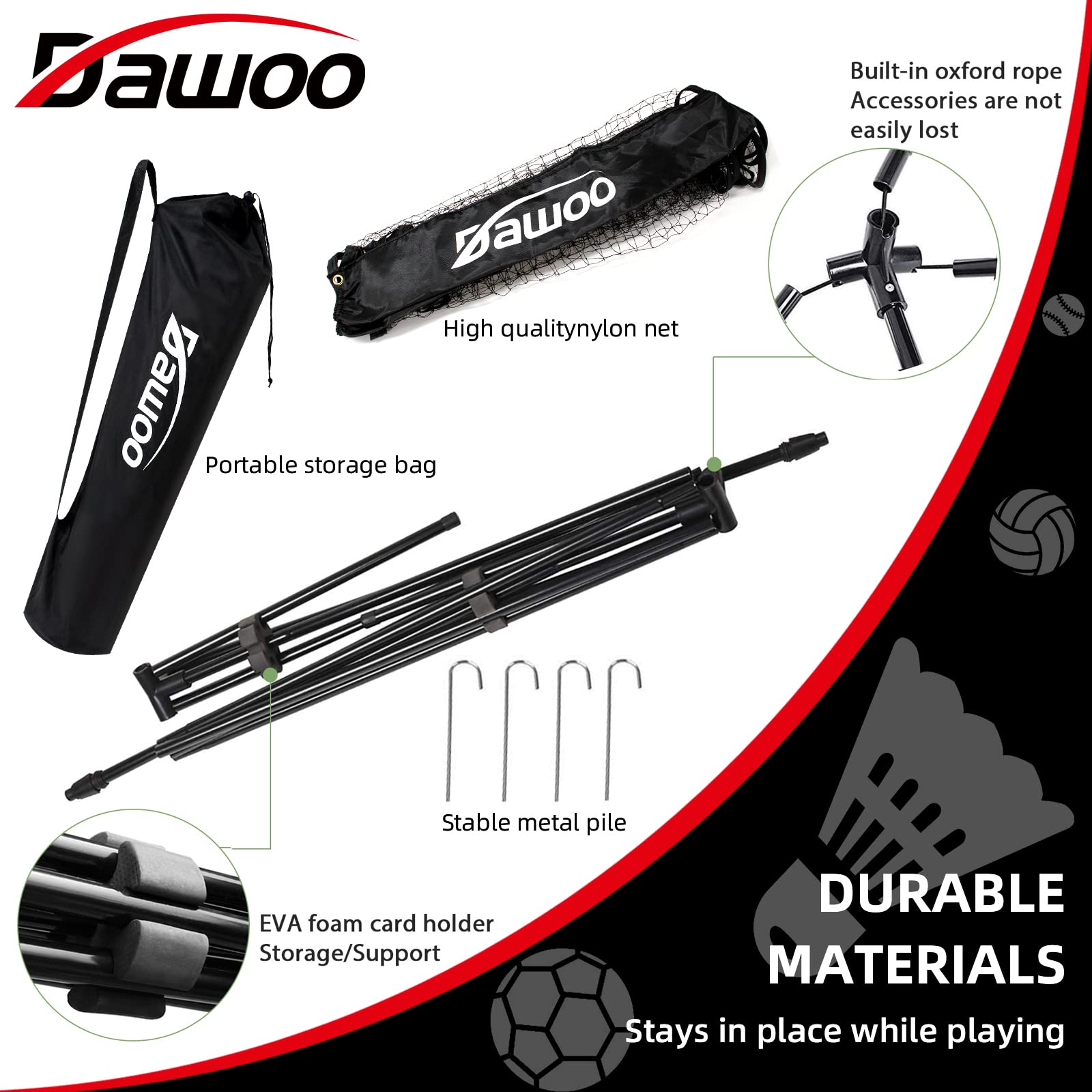 DAWOO 3M Portable Sports Net | Adjustable Tennis & Badminton Set
