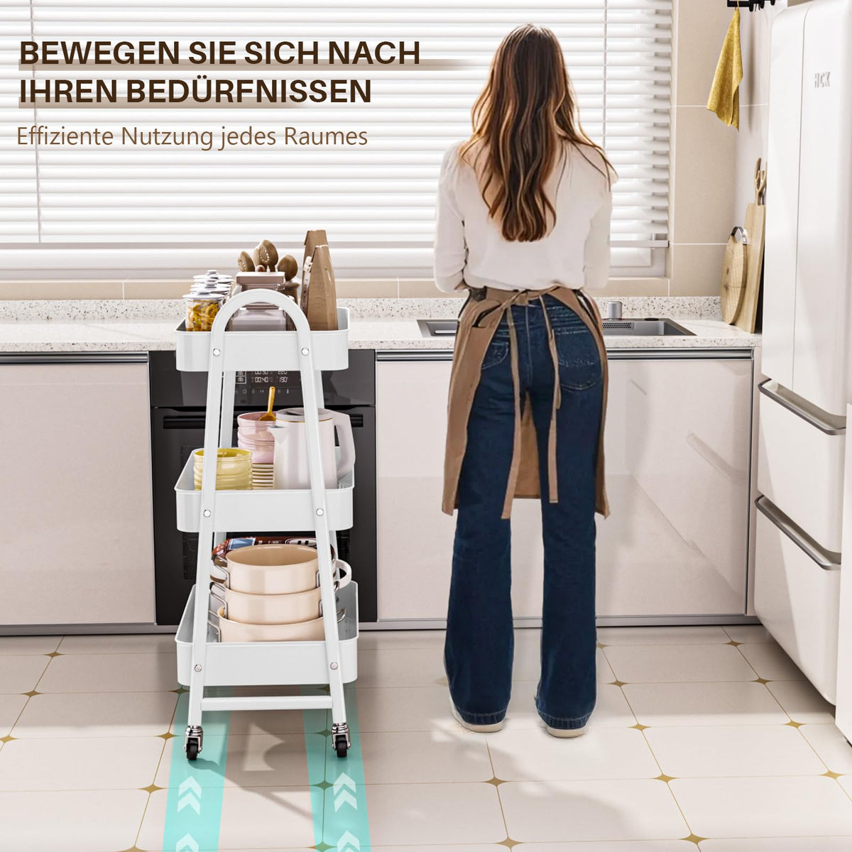 StowBin 3 Tier Metal Rolling Cart Kitchen Storage Cart with Wheels Serving Cart for Living Room Bathroom Office Bedroom White - image 5