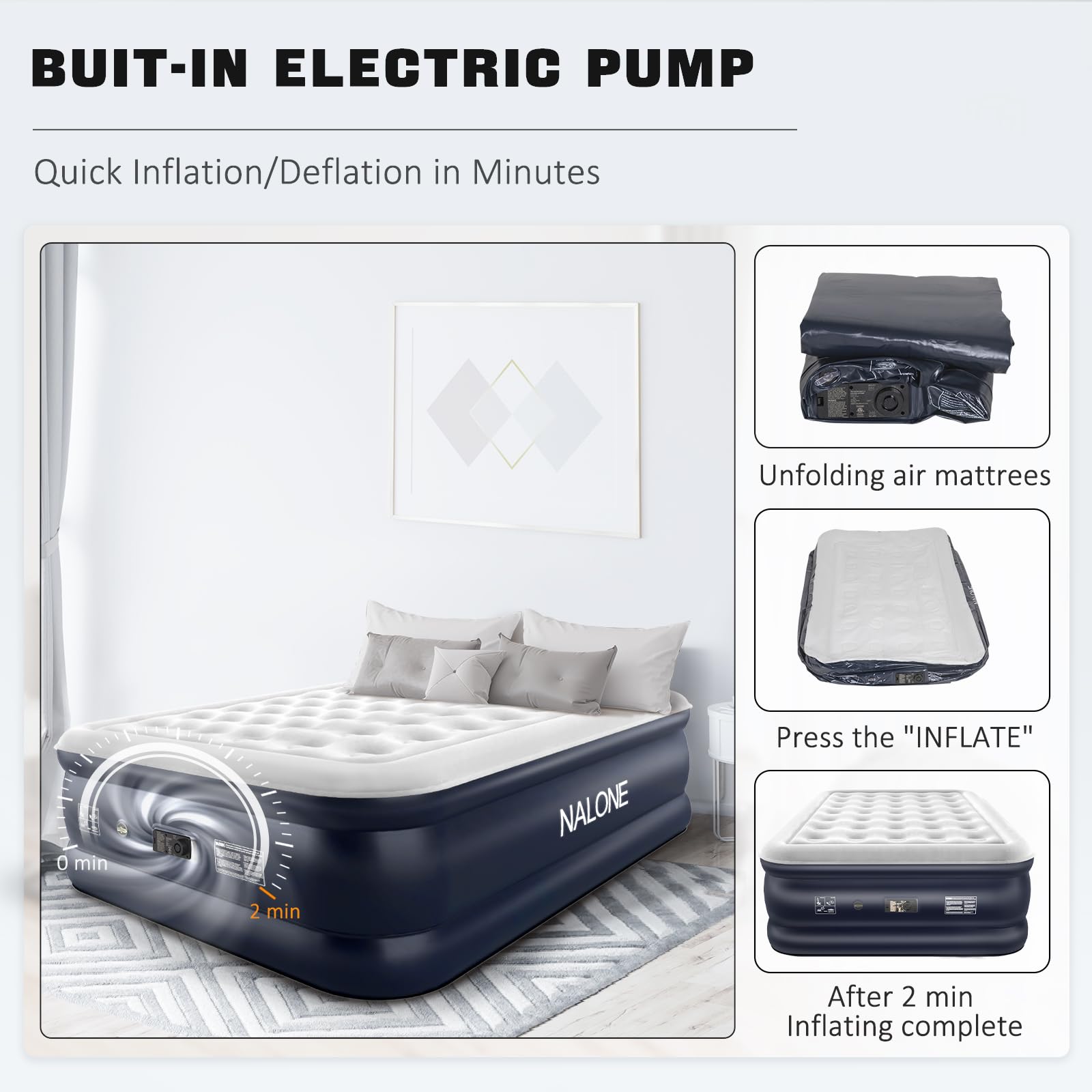 NALONE Inflatable Air Mattress – Double Size with Built-in Pump, 193x137cm