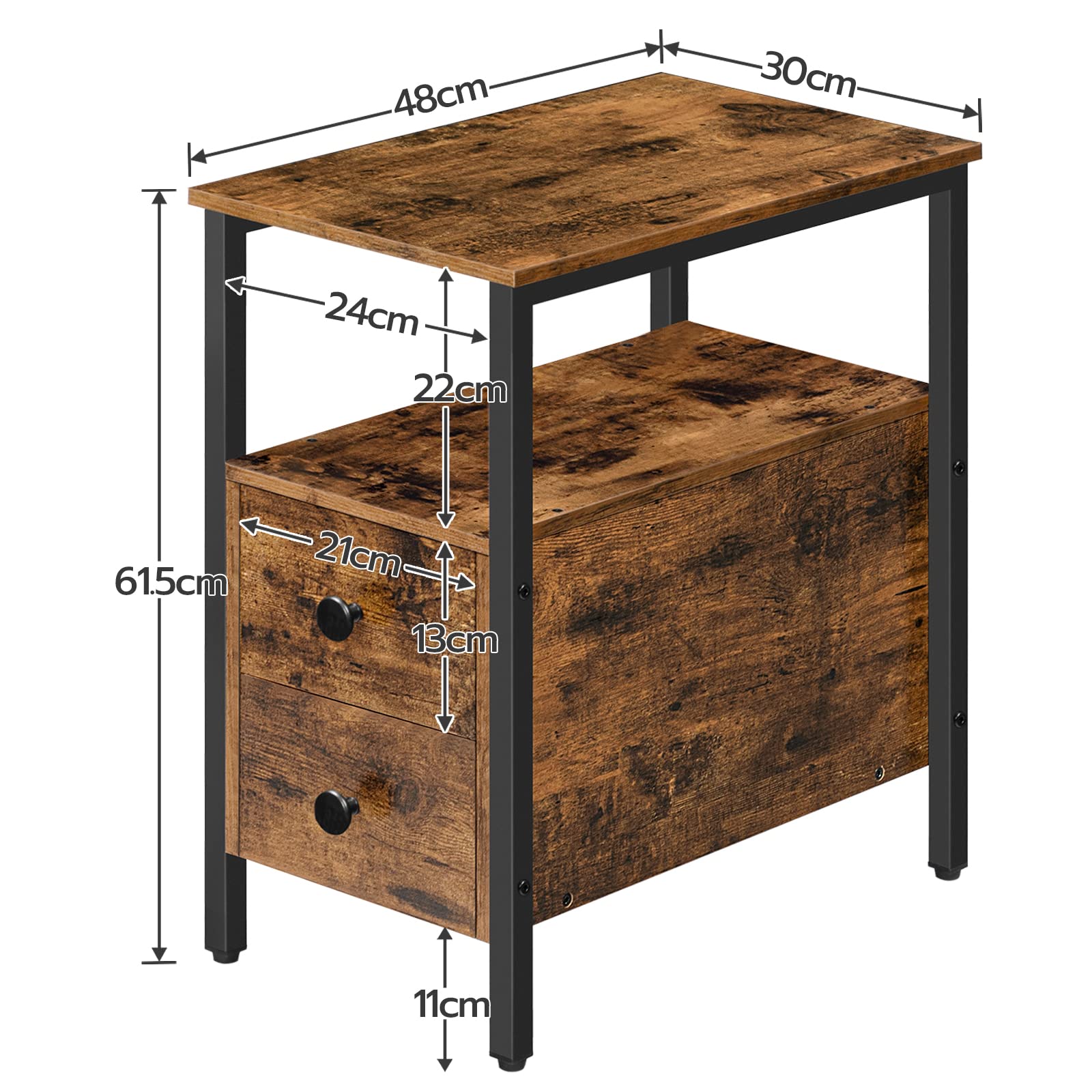 HOOBRO Narrow Side Table - Industrial Slim Bedside Table with 2 Drawers