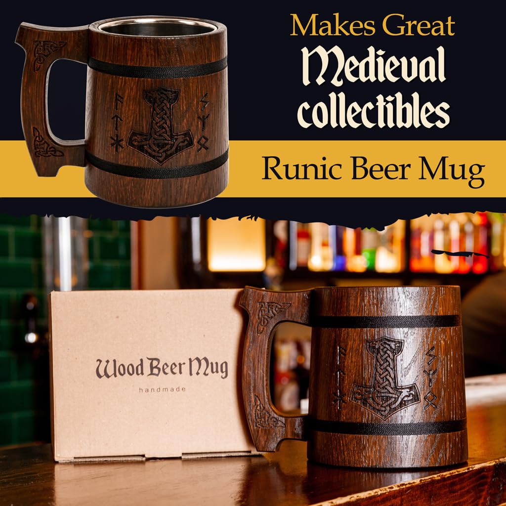 Teslyar Viking Beer Mug – 20oz Handcrafted Oak Wood & Stainless Steel