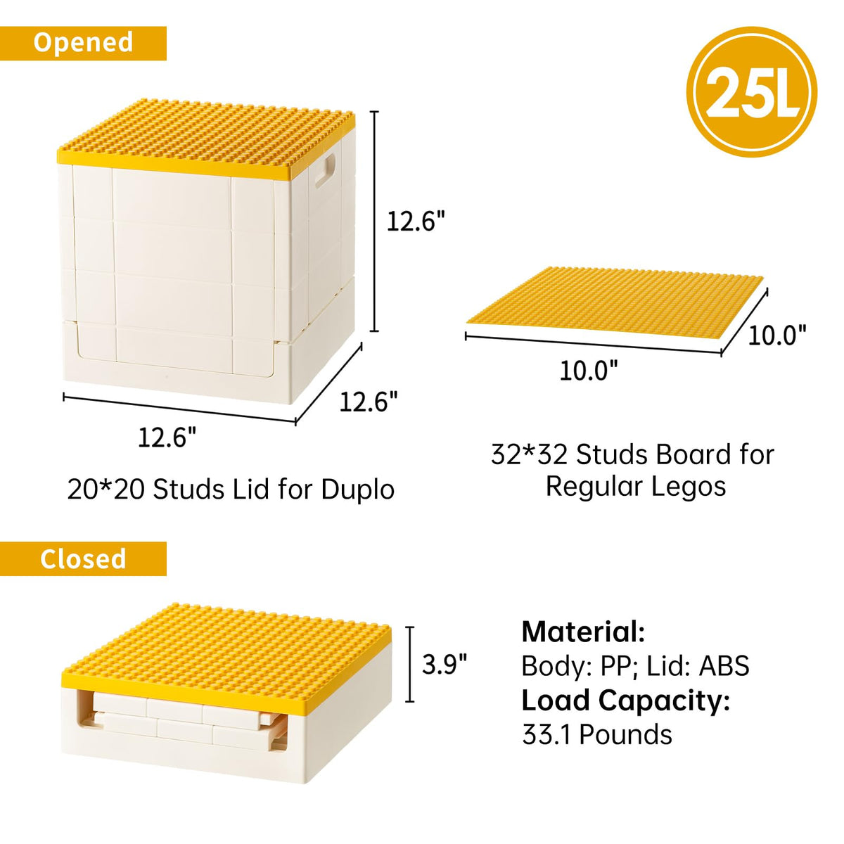 SHIMOYAMA Collapsible Storage Box with Baseplate Lid for Duplo, 25L Stackable Bin with Separate Building Board for Lego - image 3