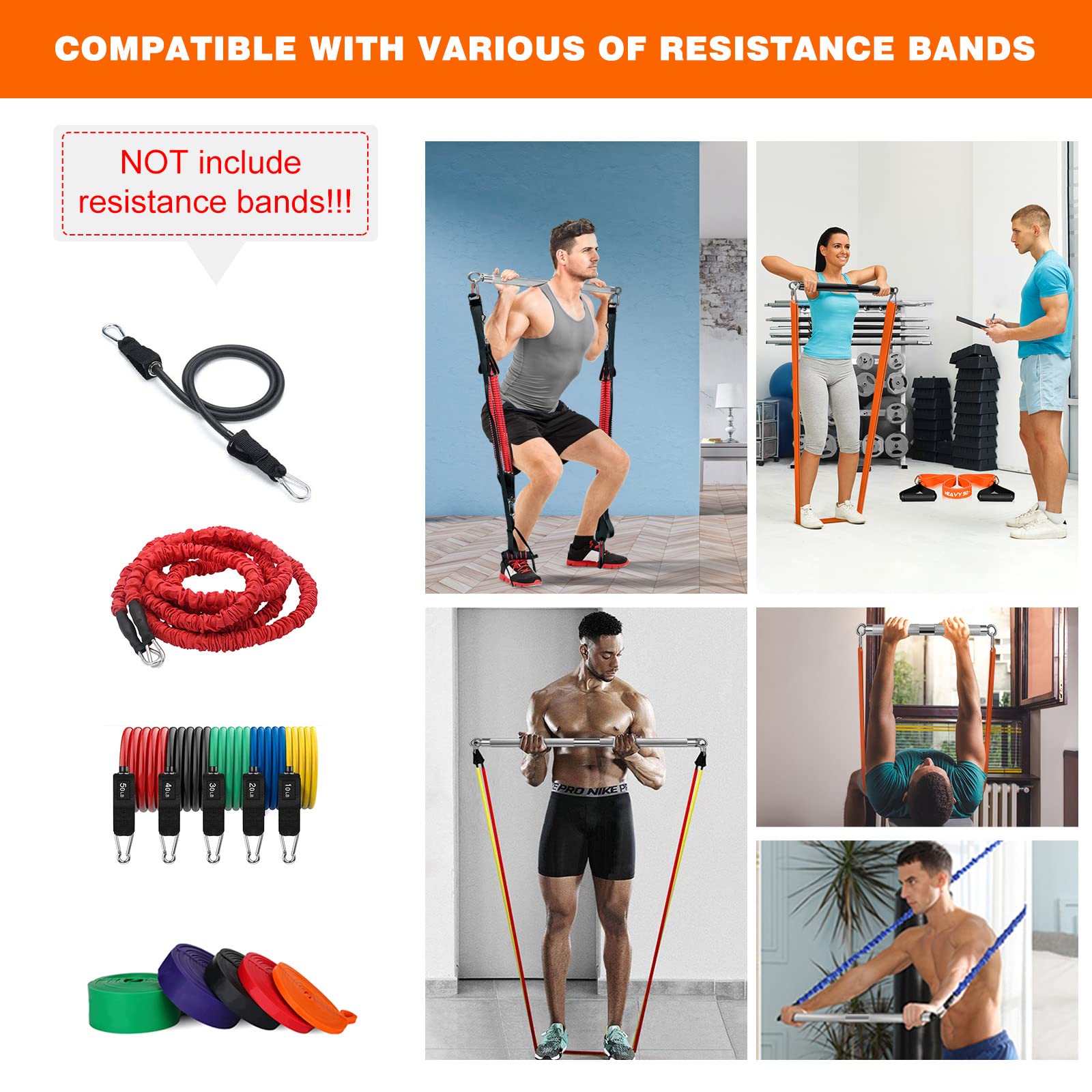 DASKING Resistance Bands Bar | Portable 500lb Steel Workout Bar for Home Gym