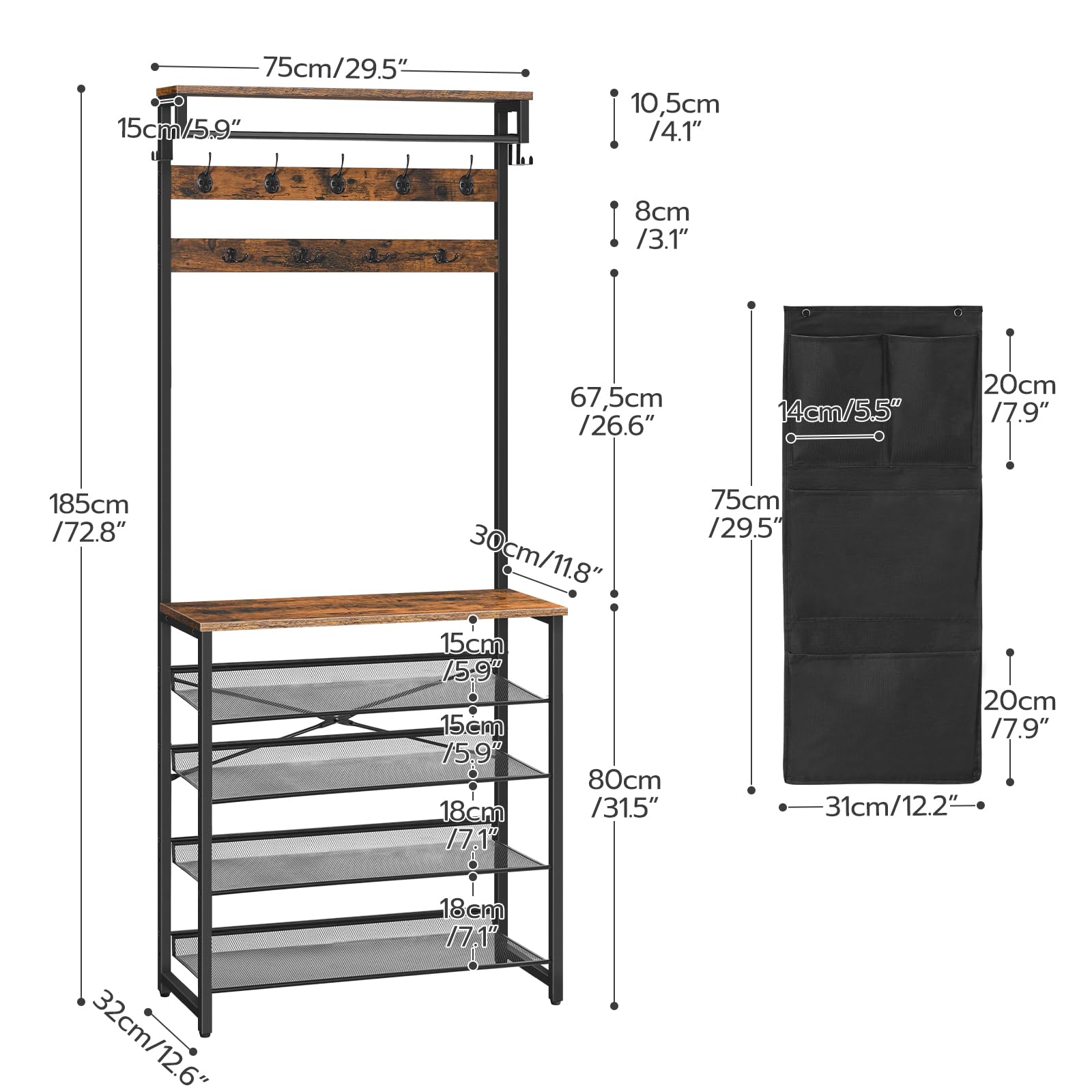 HOOBRO Hall Tree Coat Rack with Shoe Storage and Tiltable Mesh Shelves