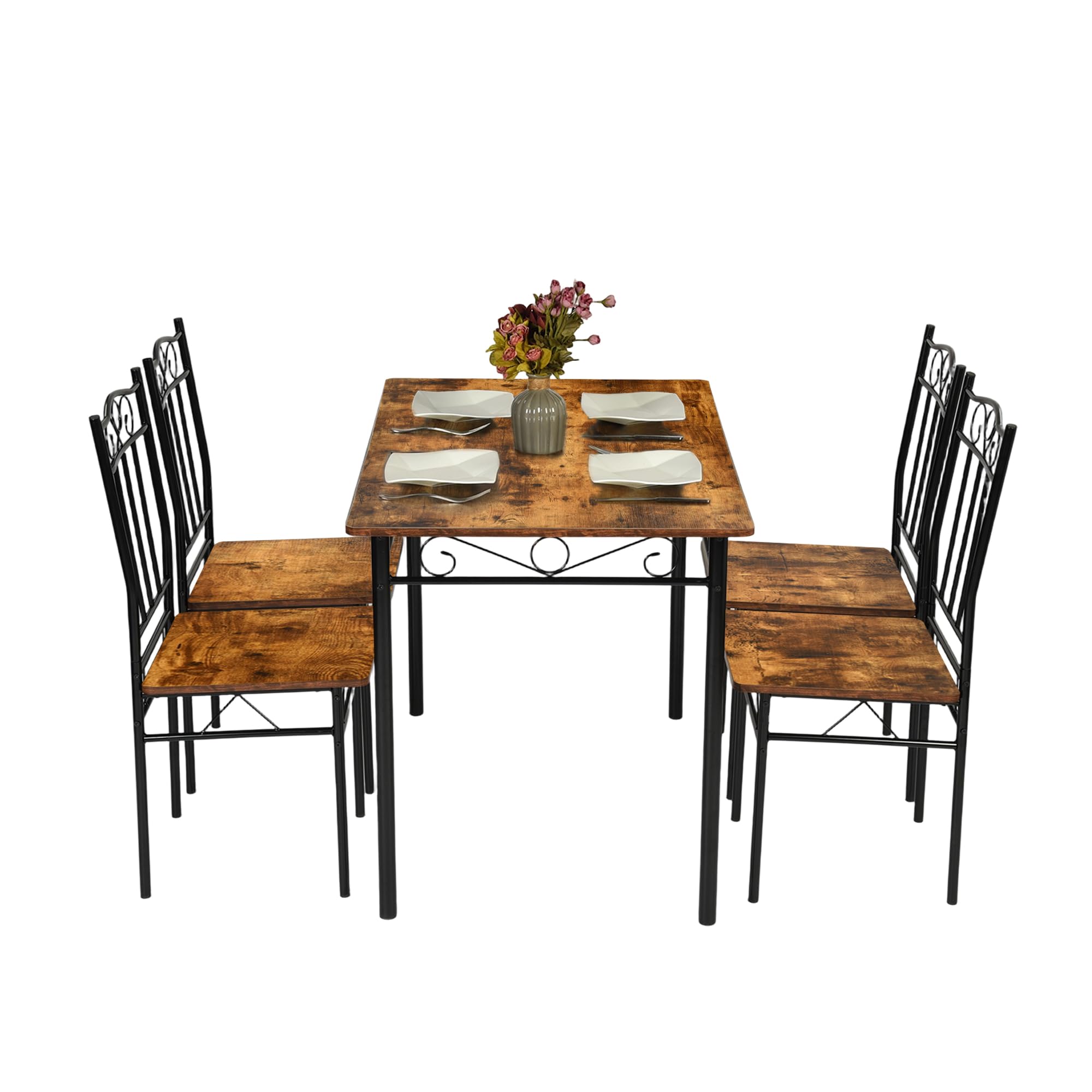 HOMYLIN 5-Piece Dining Set – Rustic Industrial Metal and Wood Table
