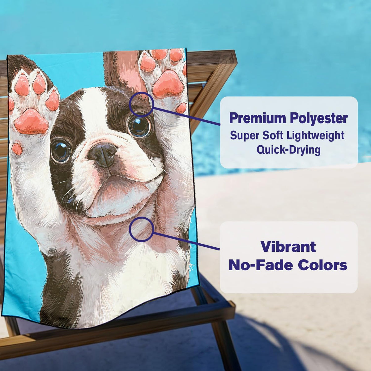 Violetpos Boston Terrier Beach Towel for Dog Lovers, Extra Large 180x90 cm 250GSM Microfibre, Sand Free Quick Dry - image 3