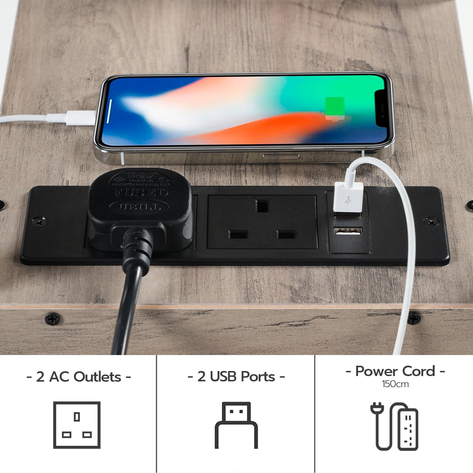 HOOBRO Narrow Side Table with Charging Station, 2 Drawers, Industrial